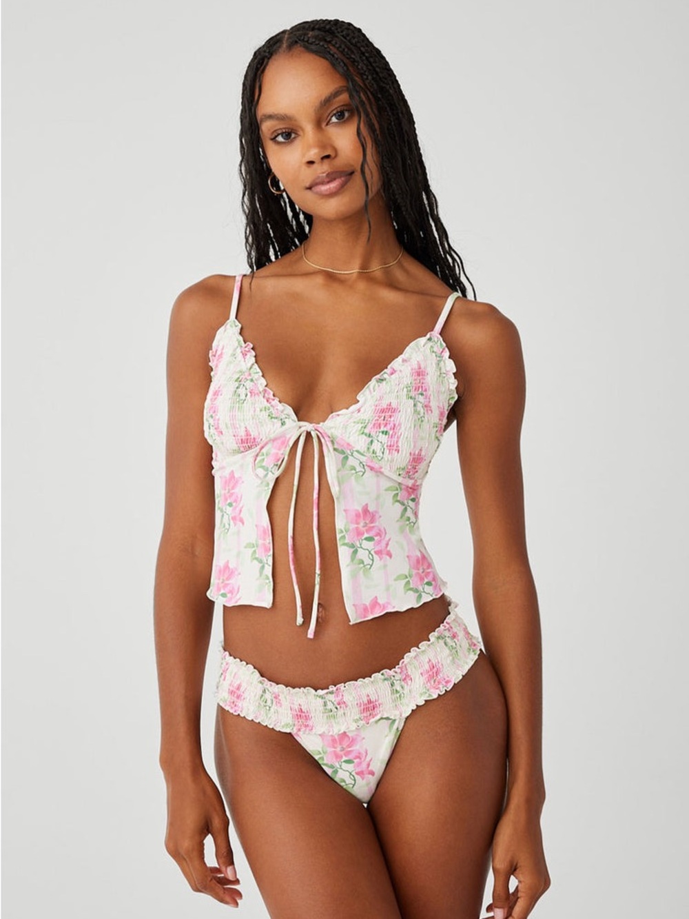 Floral Tie-Front Bralette & Bikini Set - Pink Floral - Picture 2 of 8